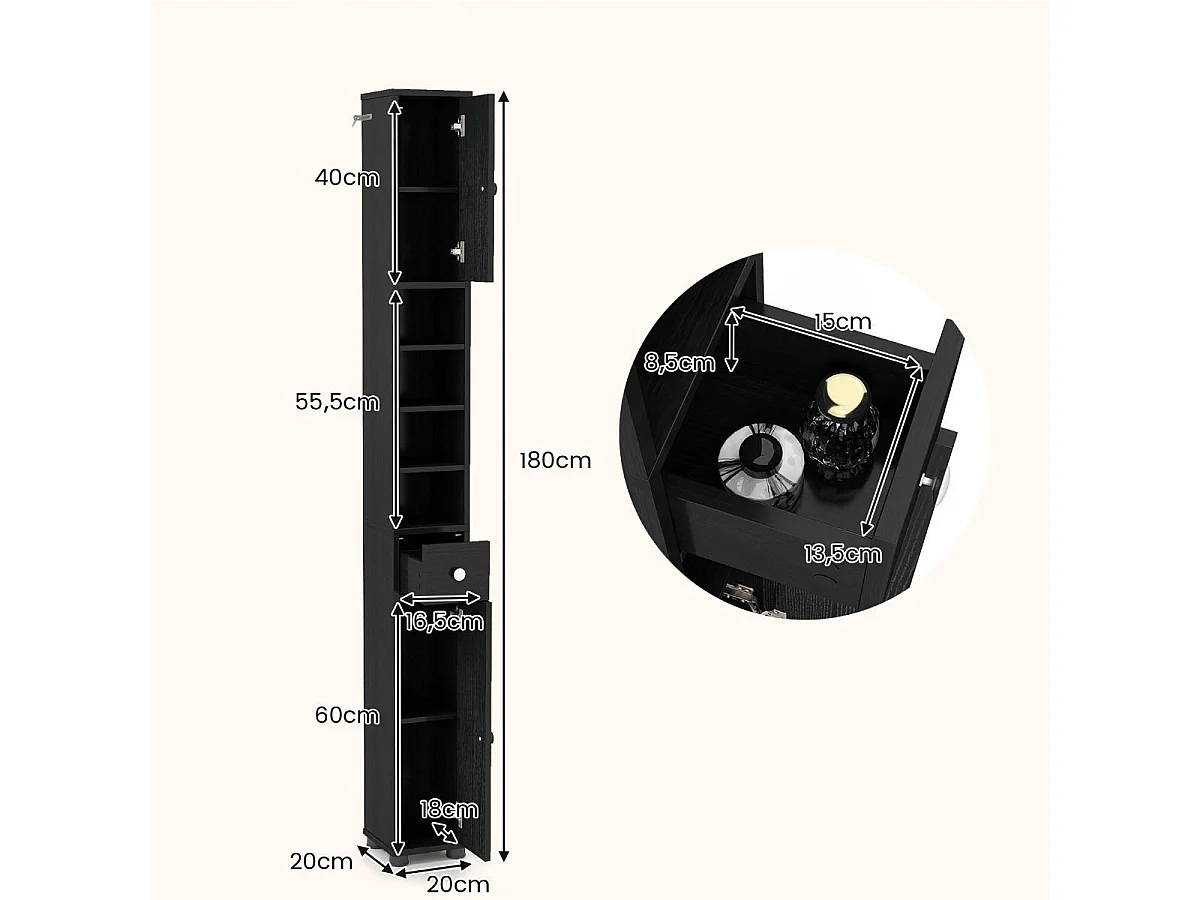 Schmaler Badschrank mit 2 Türen & 1 Schublade & Verstellbaren Regalen Badezimmerschrank Schwarz