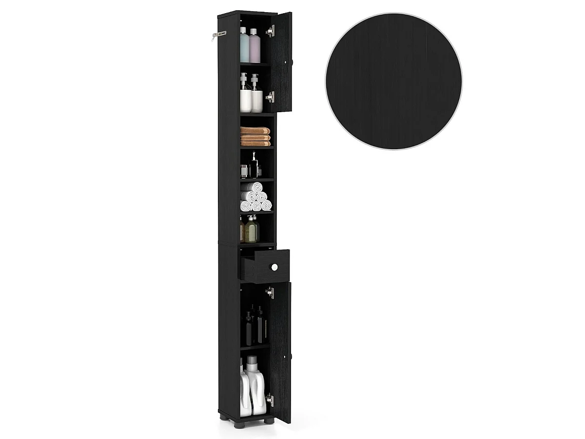 Schmaler Badschrank mit 2 Türen & 1 Schublade & Verstellbaren Regalen Badezimmerschrank Schwarz