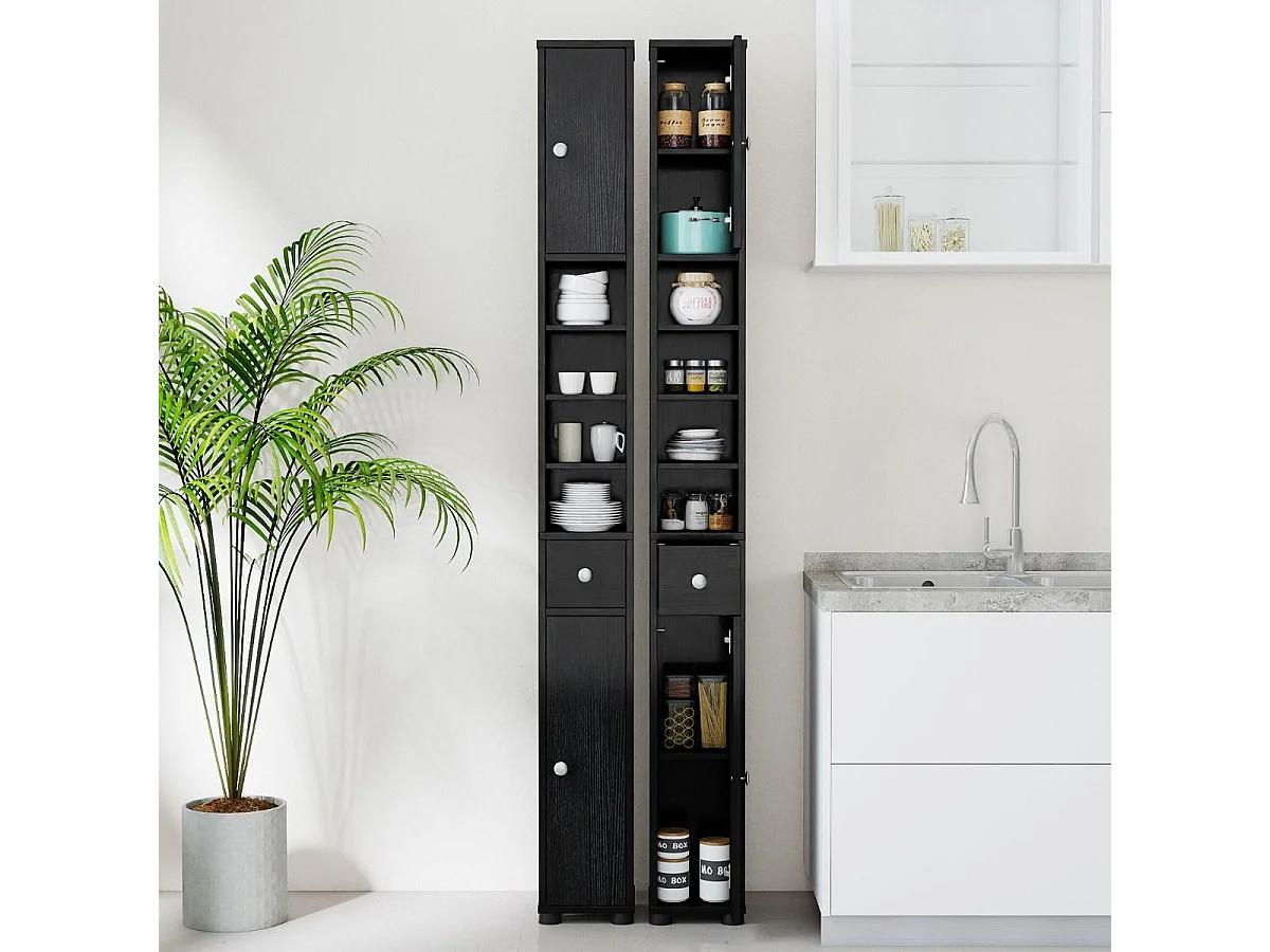 Schmaler Badschrank mit 2 Türen & 1 Schublade & Verstellbaren Regalen Badezimmerschrank Schwarz