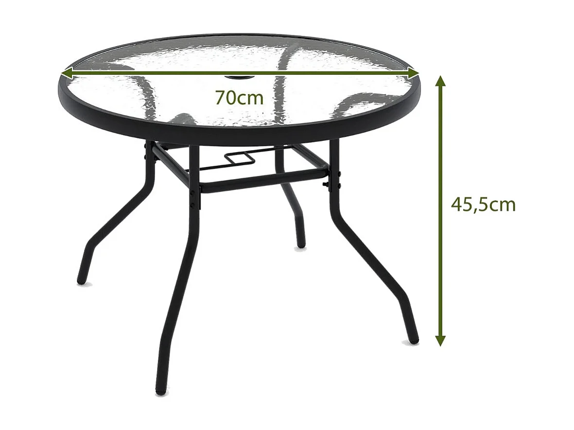Tavolo da giardino Ø 70 cm con foro per ombrellone e piano in vetro tavolino da esterno tavolino rotondo tavolo da balcone