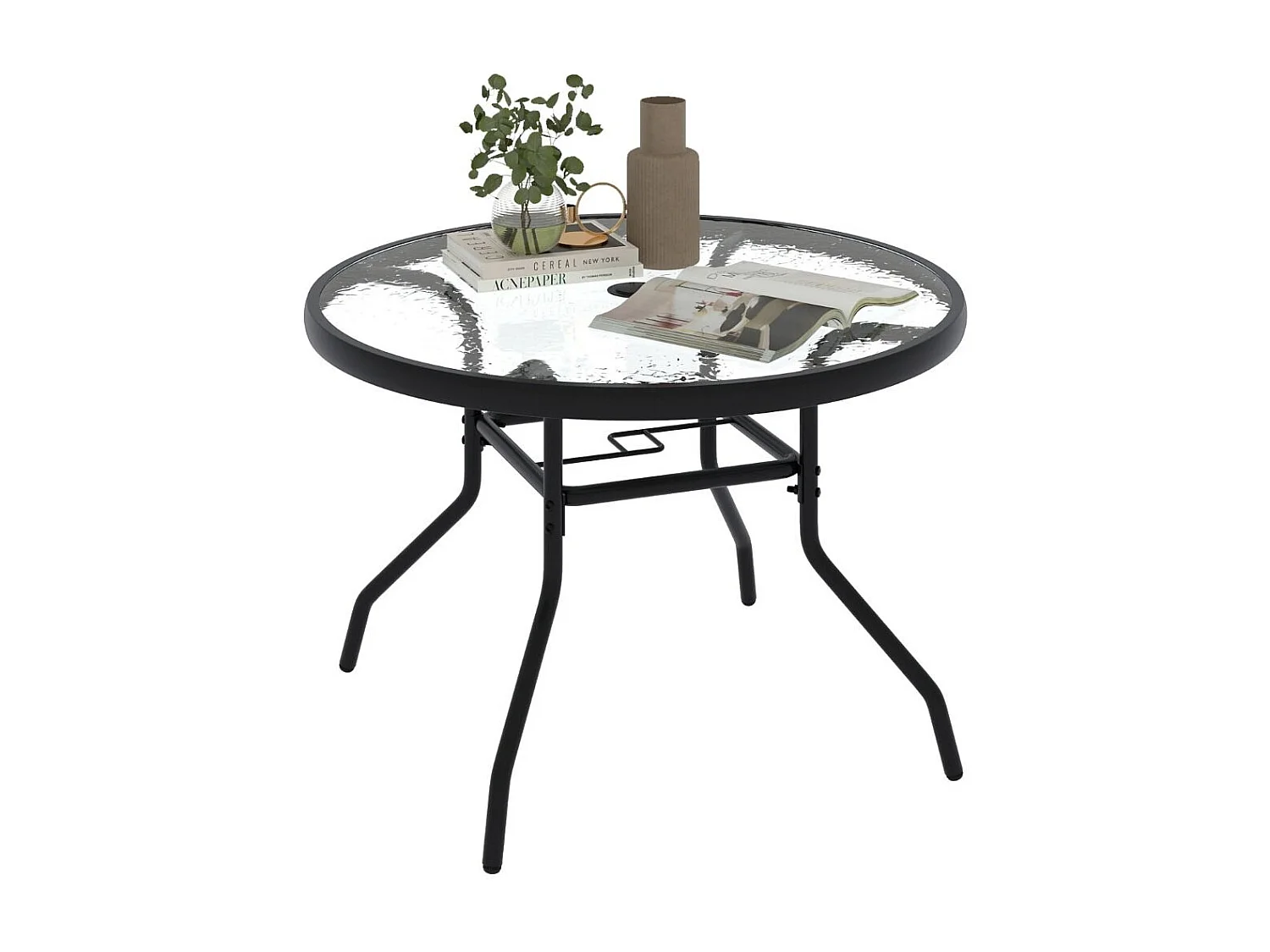 Tavolo da giardino Ø 70 cm con foro per ombrellone e piano in vetro tavolino da esterno tavolino rotondo tavolo da balcone