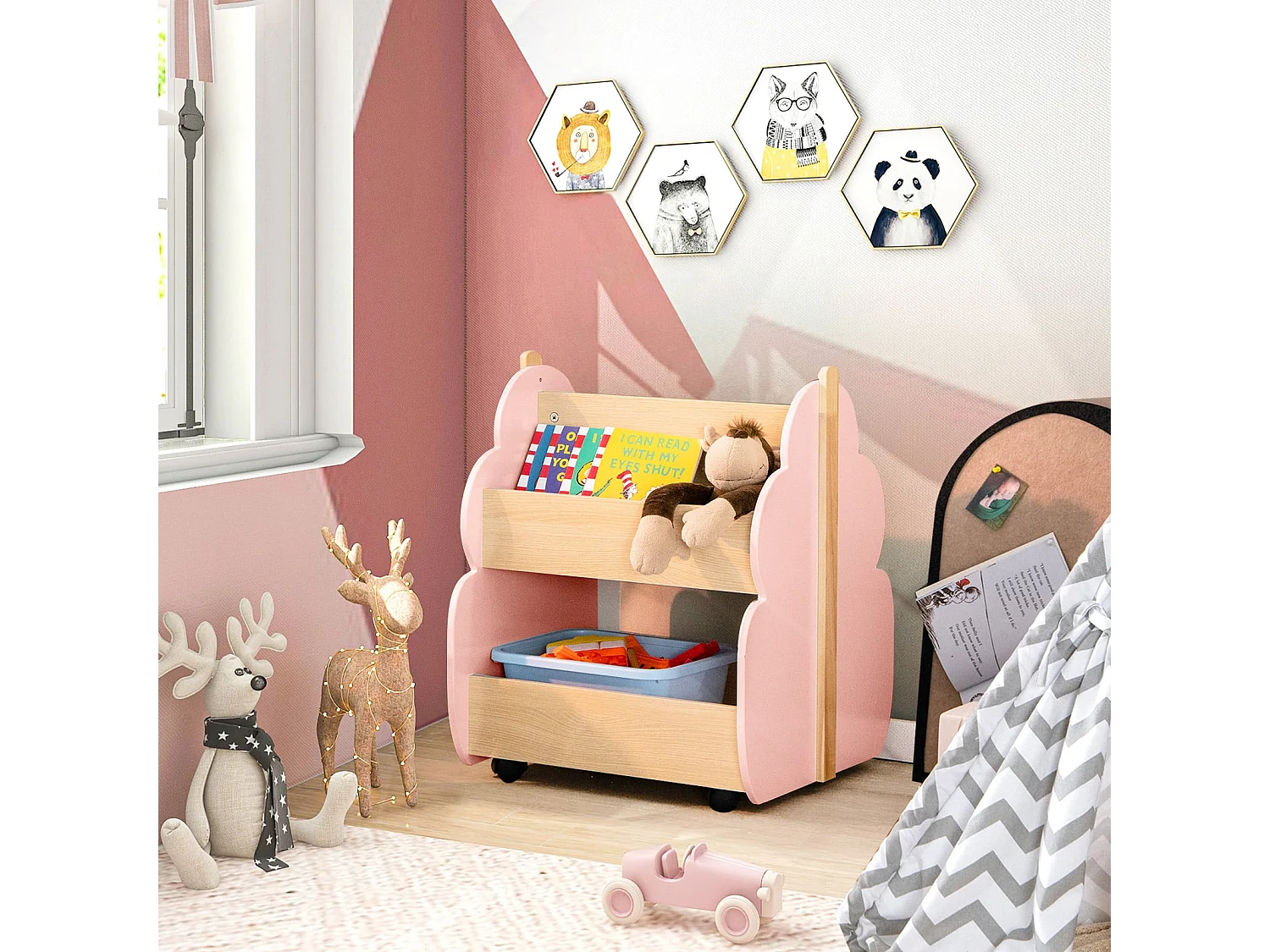 Kinder Bücherregal aus Holz mit Universalrädern 2 Ebenen Spielzeugregal auf Rollen Rosa