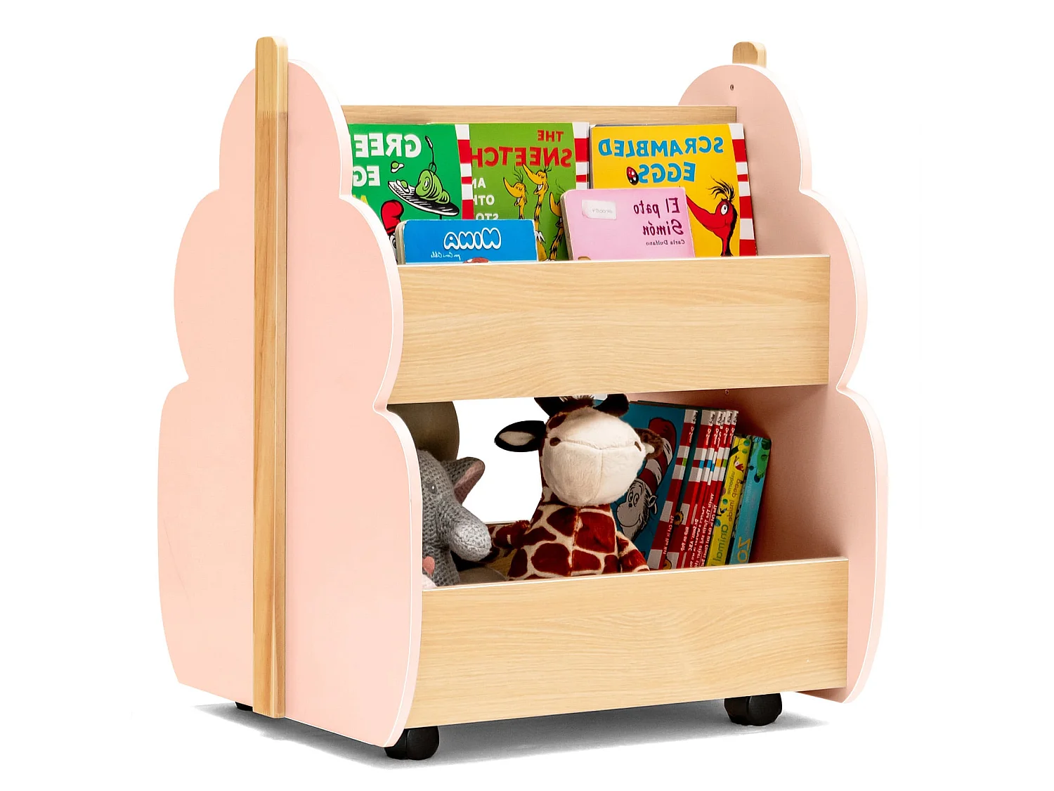 Kinder Bücherregal aus Holz mit Universalrädern 2 Ebenen Spielzeugregal auf Rollen Rosa