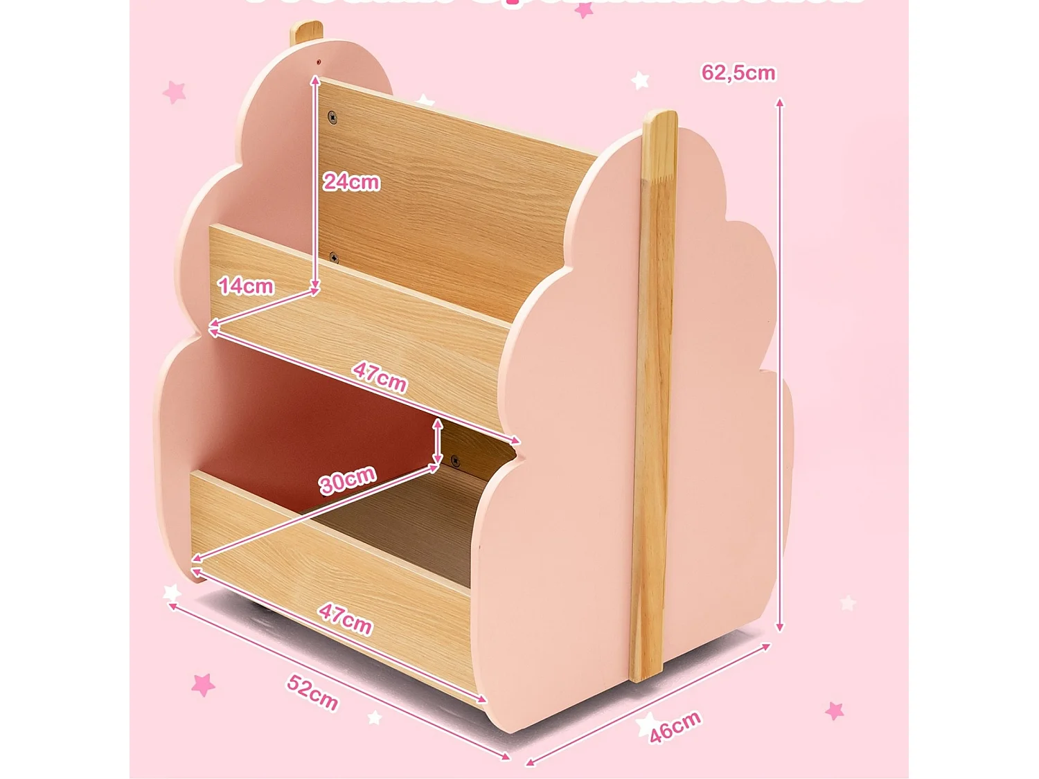 Étagère Rangement pour Enfants Bibliothèque en Bois 2 Niveaux avec Roues Universelles pour Livres Jouets Charge MAX. 49KG Rose