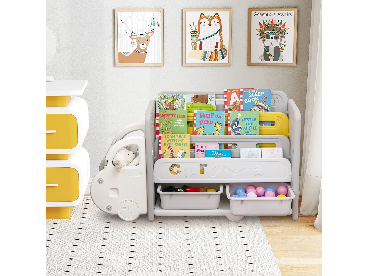 Bücherregal Kinder im Automotiv Kinderregal mit 4 Ebenen & 2 Aufbewahrungsboxen Spielzeugschrank Spielzeug-Organizer 108 x 35 x 63,5 cm