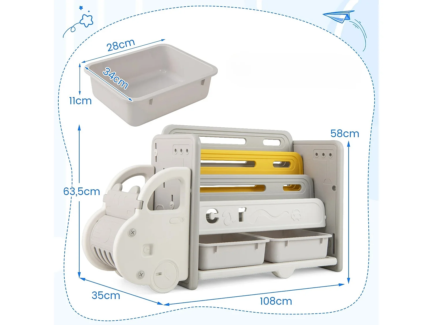 Bücherregal Kinder im Automotiv Kinderregal mit 4 Ebenen & 2 Aufbewahrungsboxen Spielzeugschrank Spielzeug-Organizer 108 x 35 x 63,5 cm