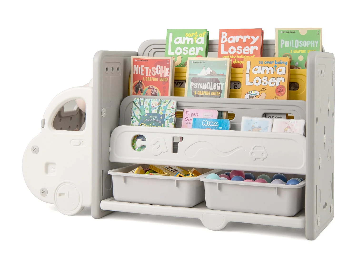 Bücherregal Kinder im Automotiv Kinderregal mit 4 Ebenen & 2 Aufbewahrungsboxen Spielzeugschrank Spielzeug-Organizer 108 x 35 x 63,5 cm