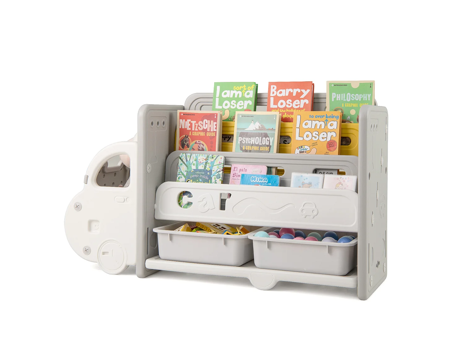 Rangement pour Jouets et Bibliothèque pour Enfants Meuble de Rangement a 3 Niveaux avec 2 Boîtes de Rangement Roulettes Décoratives