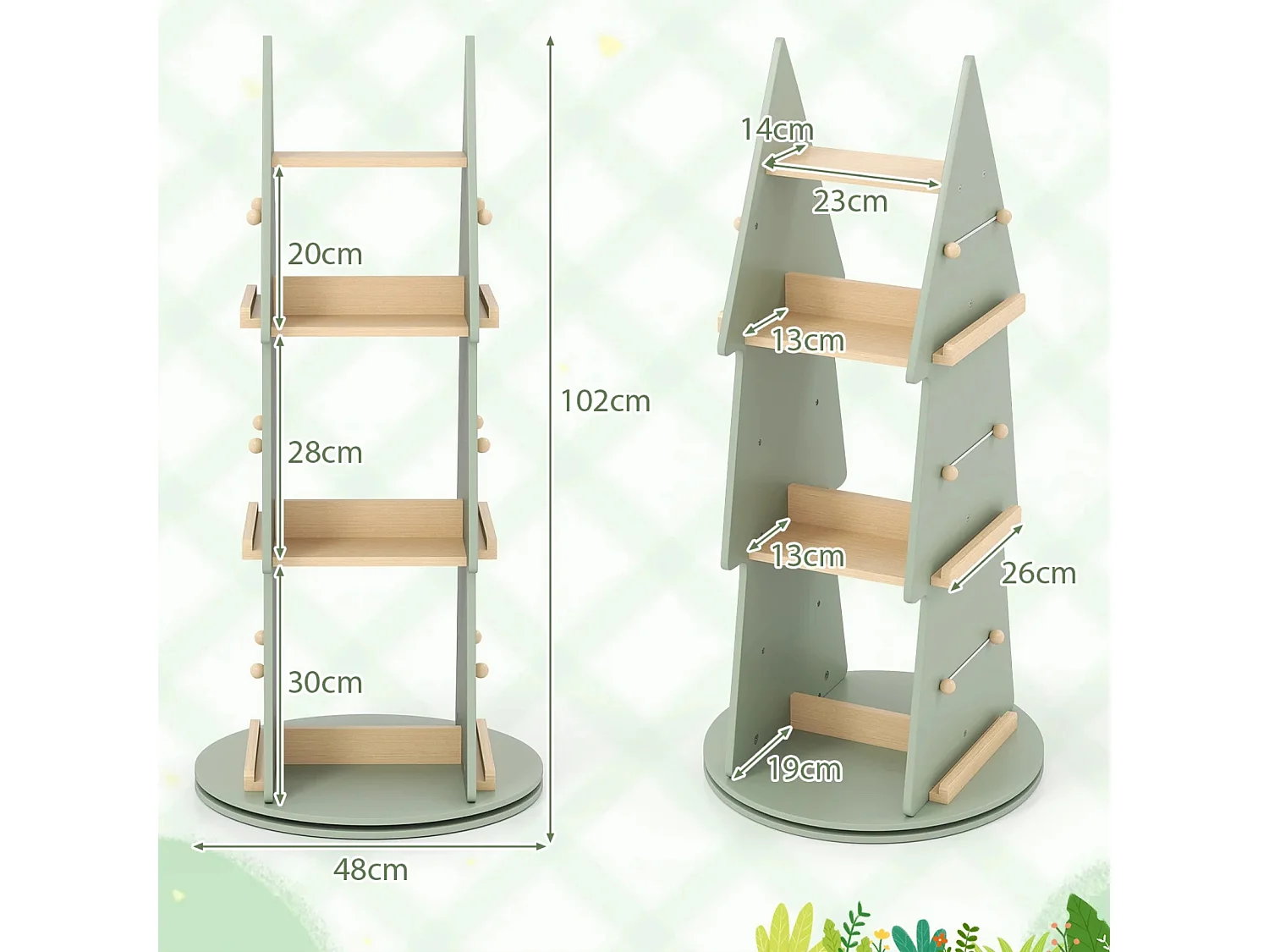 Kinderbücherregal 360° drehbar Kinder Bücherkarussell 4 Ebenen in Baumform Ø48 x 102 cm freistehendes Displayregal