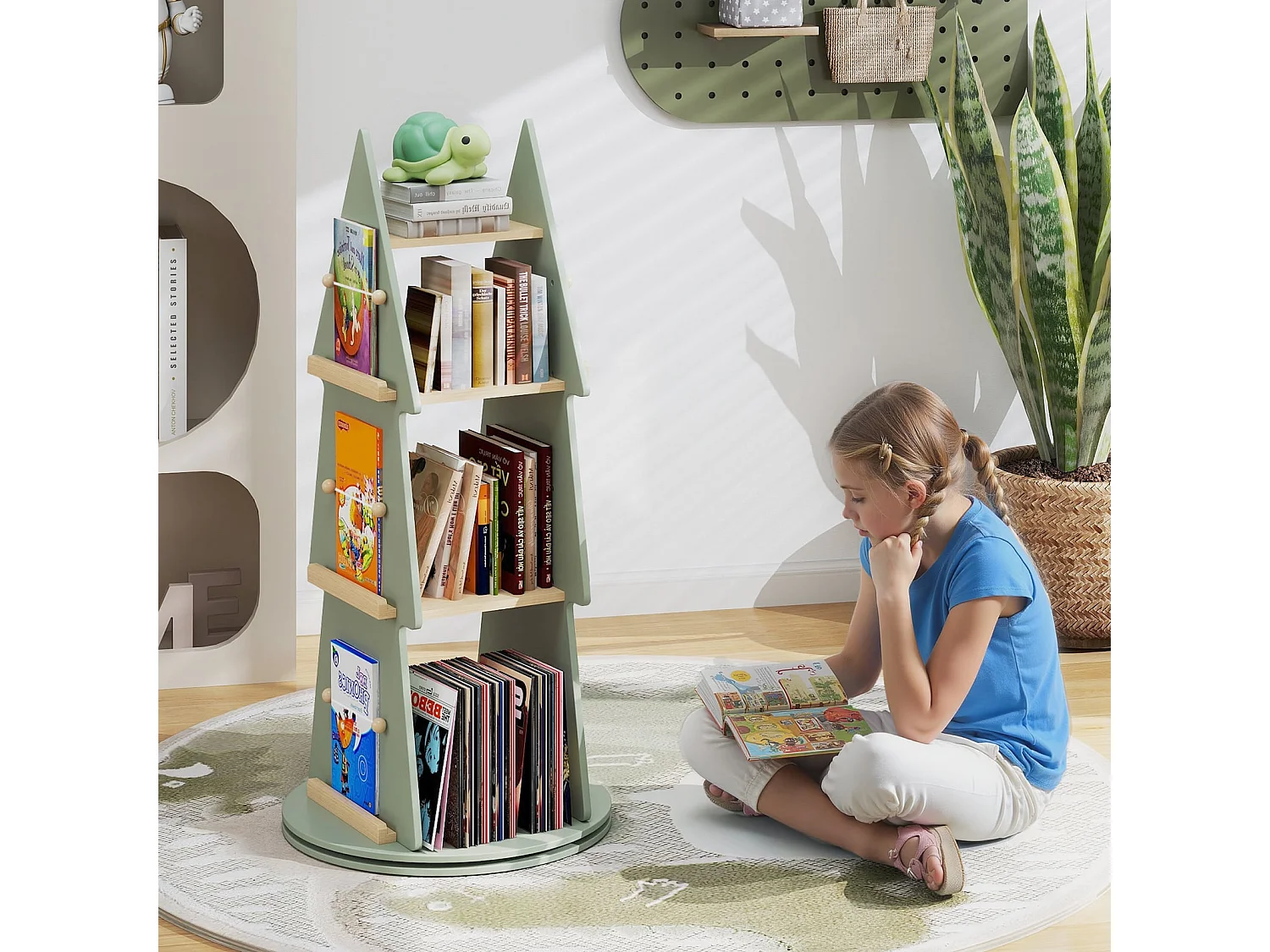 Kinderbücherregal 360° drehbar Kinder Bücherkarussell 4 Ebenen in Baumform Ø48 x 102 cm freistehendes Displayregal