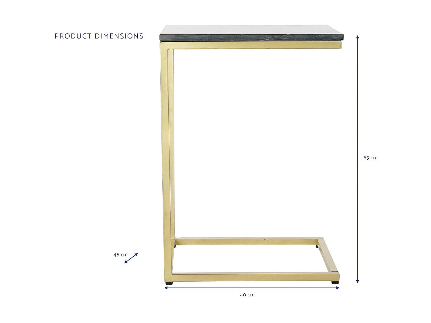 Mesa lateral de ferro com tampo de mármore, 40x46x65 cm, preta.