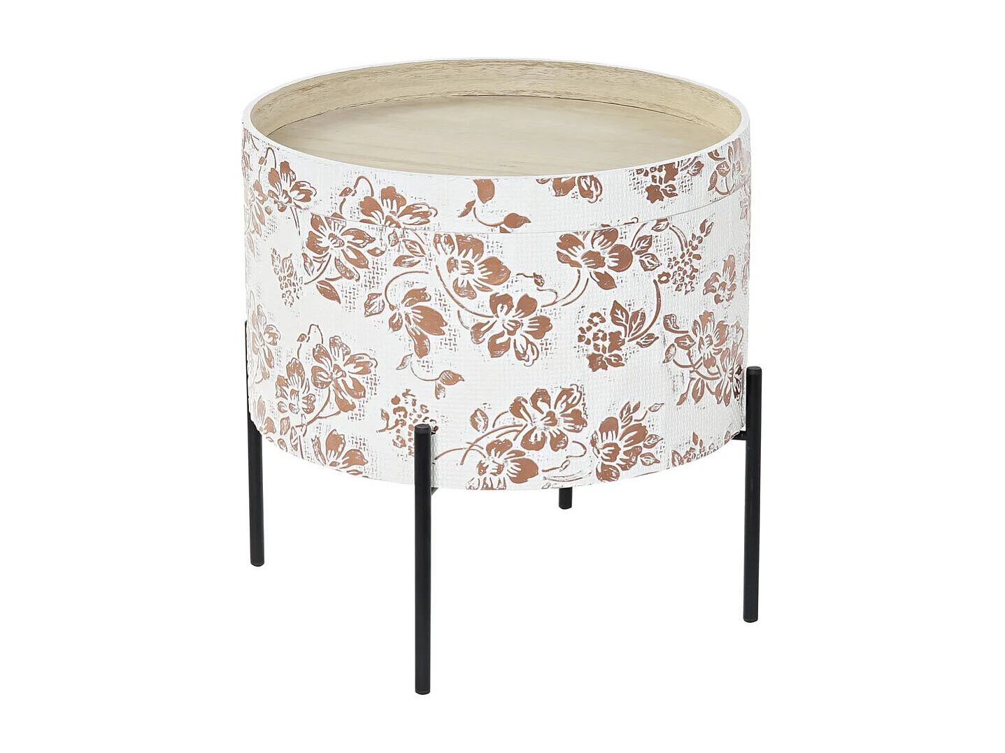 Mesa lateral em MDF com tampo de metal branco, dimensões 38x38x39 cm.
