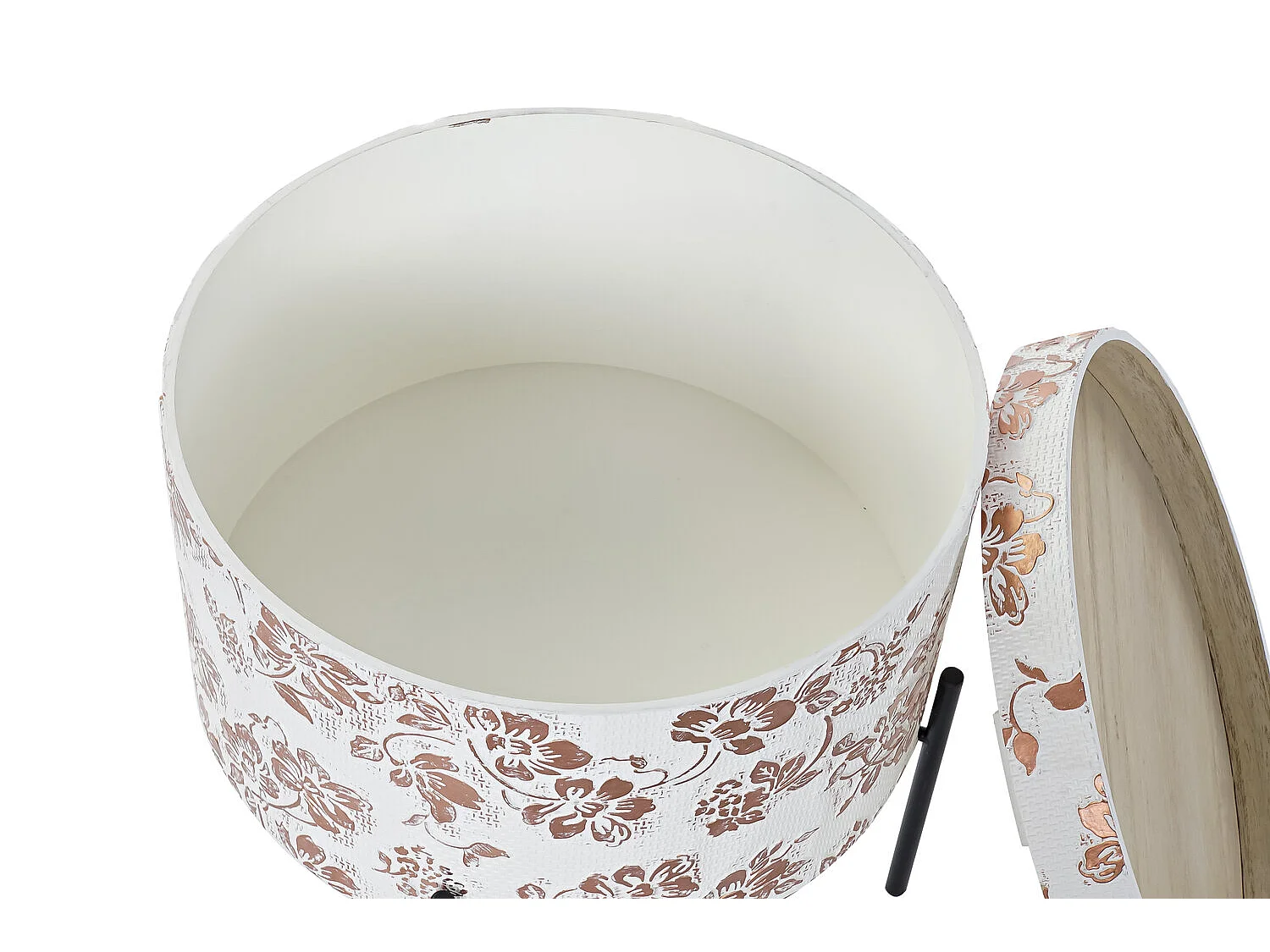 Mesa lateral em MDF com tampo de metal branco, dimensões 38x38x39 cm.