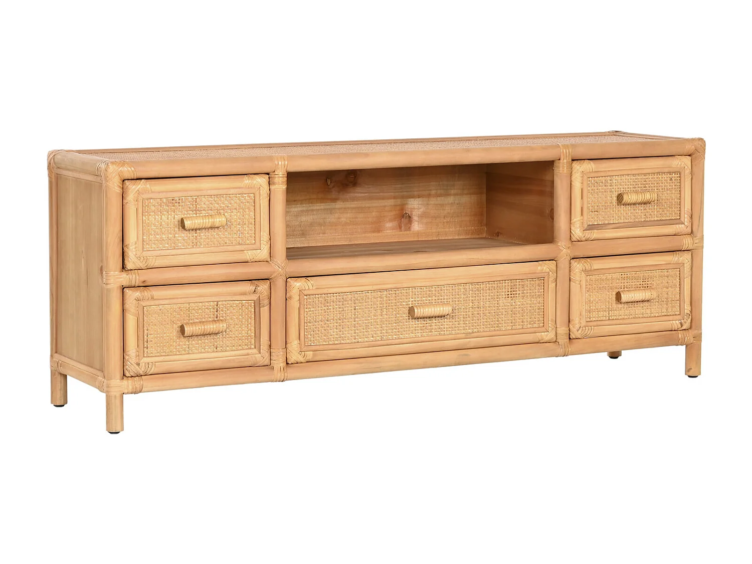 TV-meubel van vurenhout en rotan, 120x30x45 cm, 5 laden, naturel.