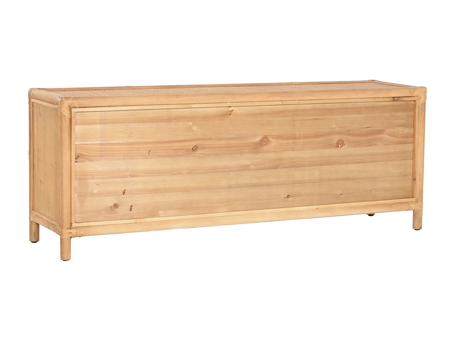 TV-meubel van vurenhout en rotan, 120x30x45 cm, 5 laden, naturel.