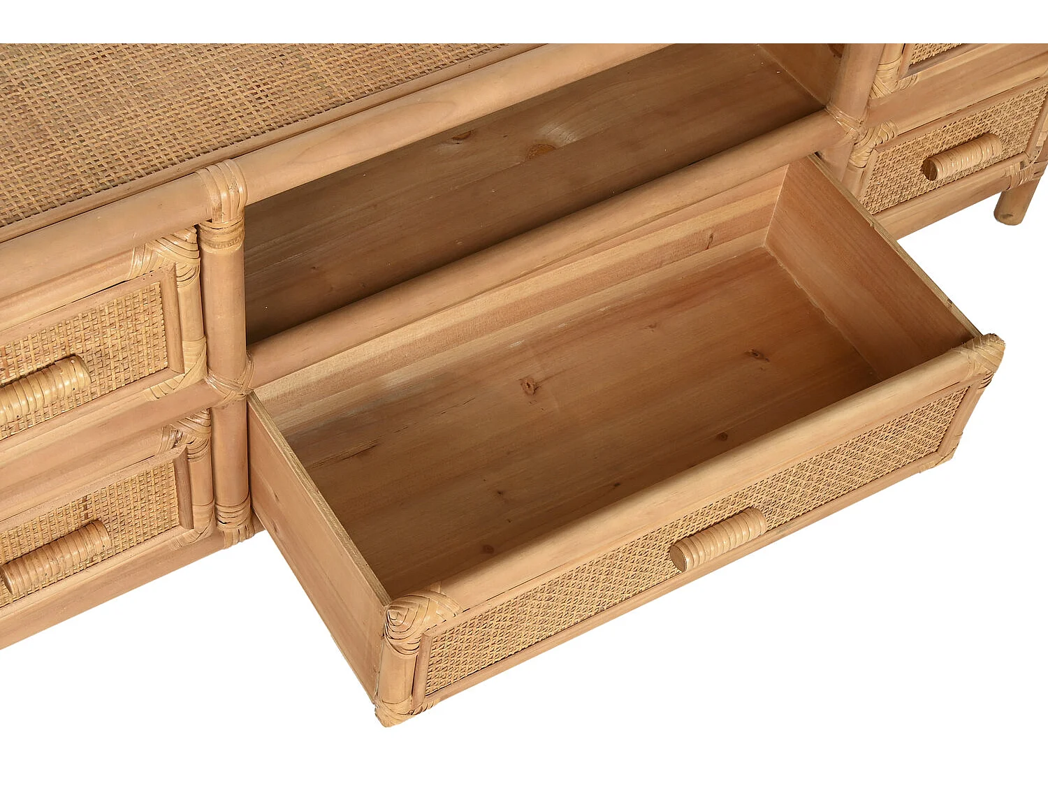 TV-meubel van vurenhout en rotan, 120x30x45 cm, 5 laden, naturel.