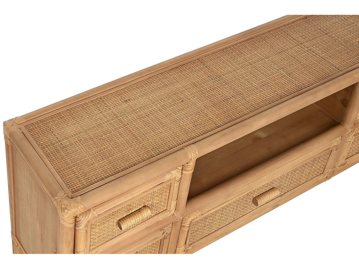 TV-meubel van vurenhout en rotan, 120x30x45 cm, 5 laden, naturel.