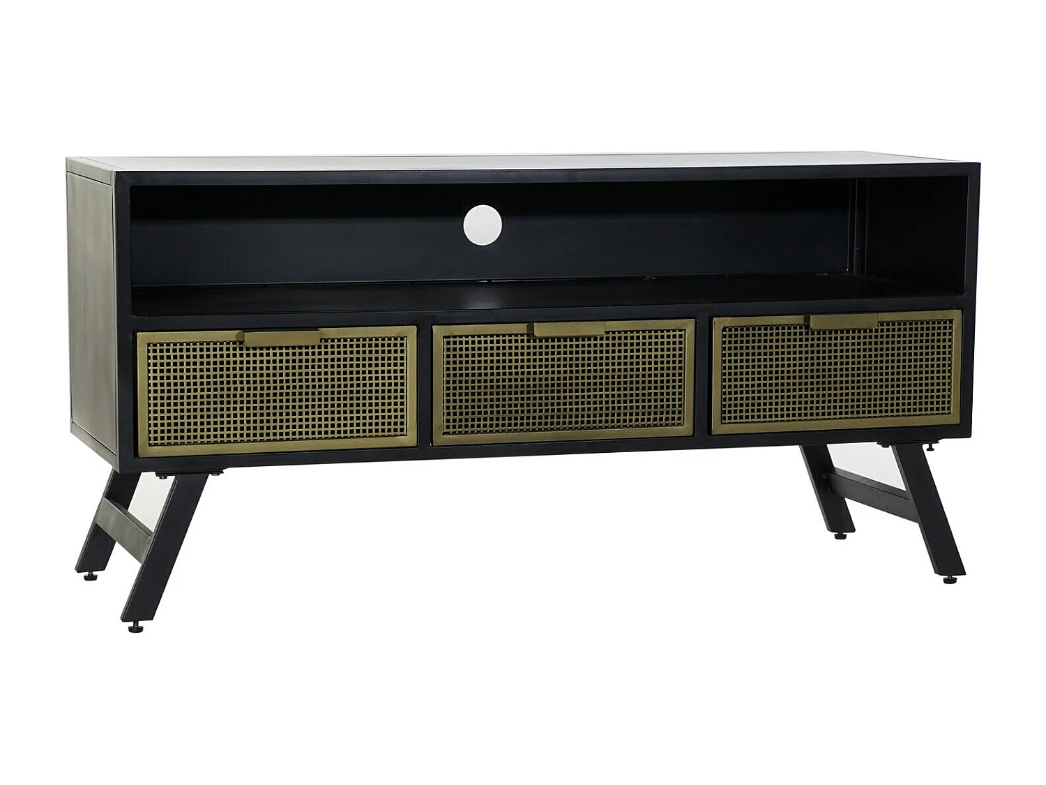 Móvel de TV em metal, 125 x 41 x 62 cm, tela preta.