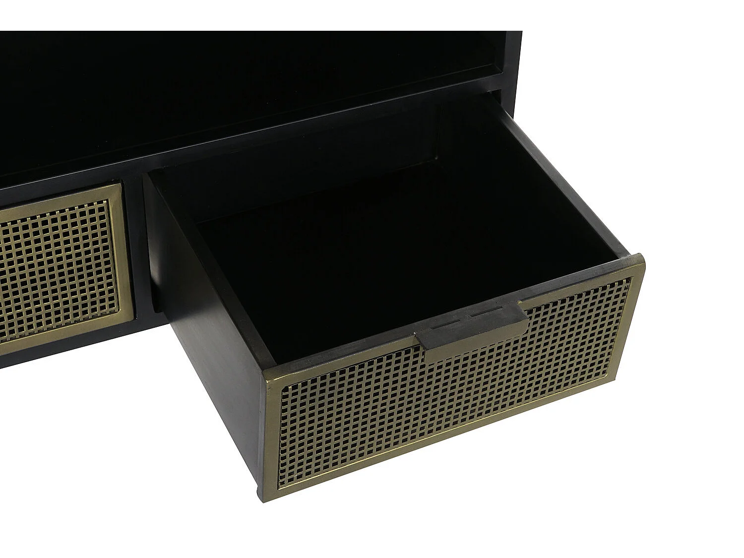 Móvel de TV em metal, 125 x 41 x 62 cm, tela preta.