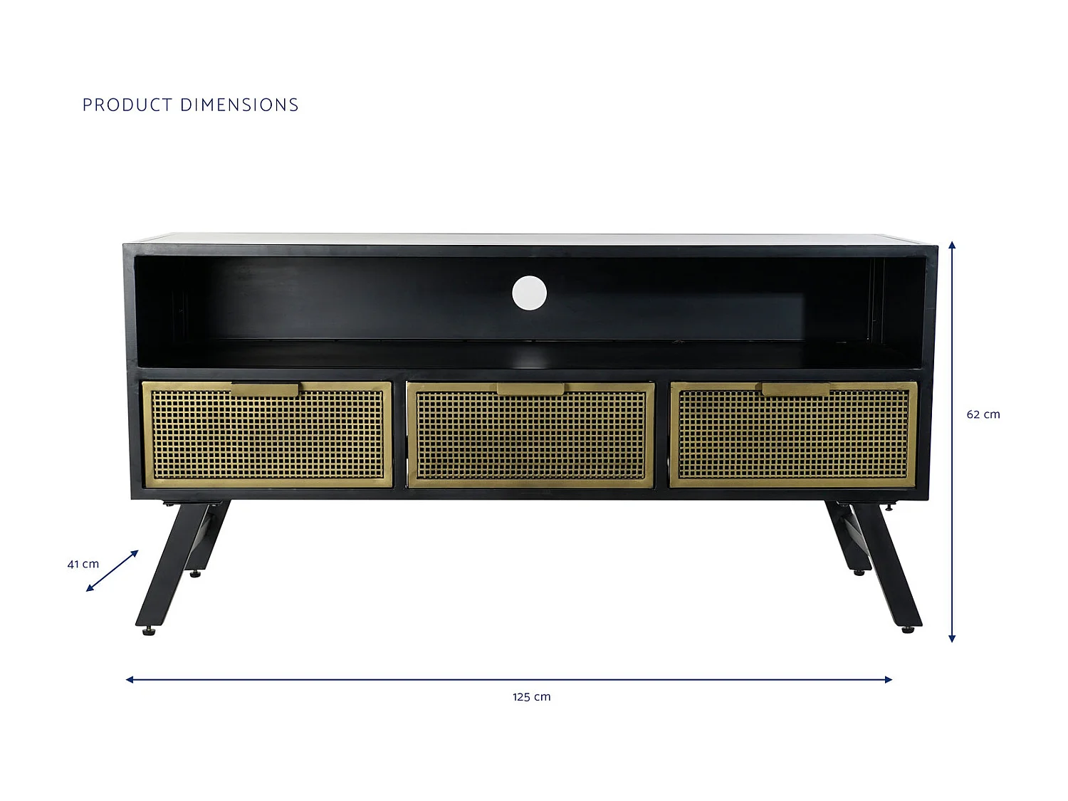 Móvel de TV em metal, 125 x 41 x 62 cm, tela preta.