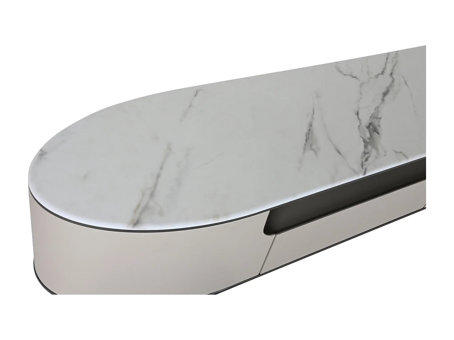 Suporte para TV em aço com detalhes em mármore, 220 x 42 x 41,5 cm, bege.