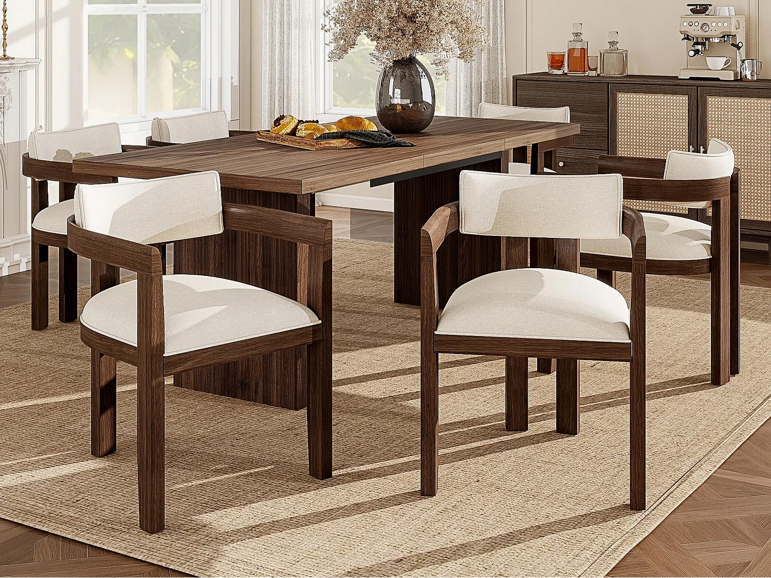 Satz mit 6 Massivholz-Stühlen mit Armlehnen - Gestell aus Massivholz - Bezug aus Leinen - braun