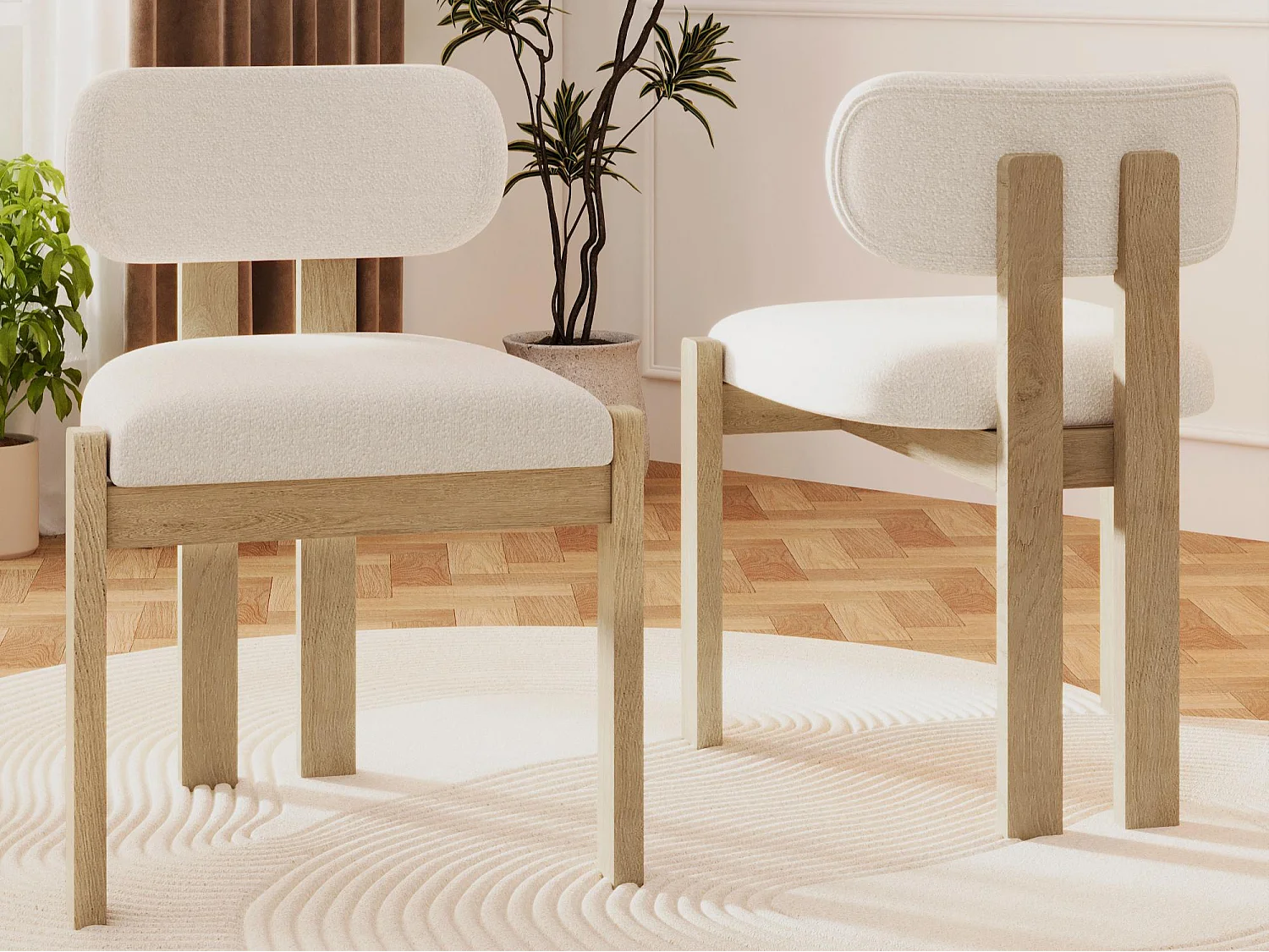 Kit di 2 sedie in legno massello - Stile moderno - Schienale comodo - Struttura in legno massello - Tessuto bouclé - Naturale