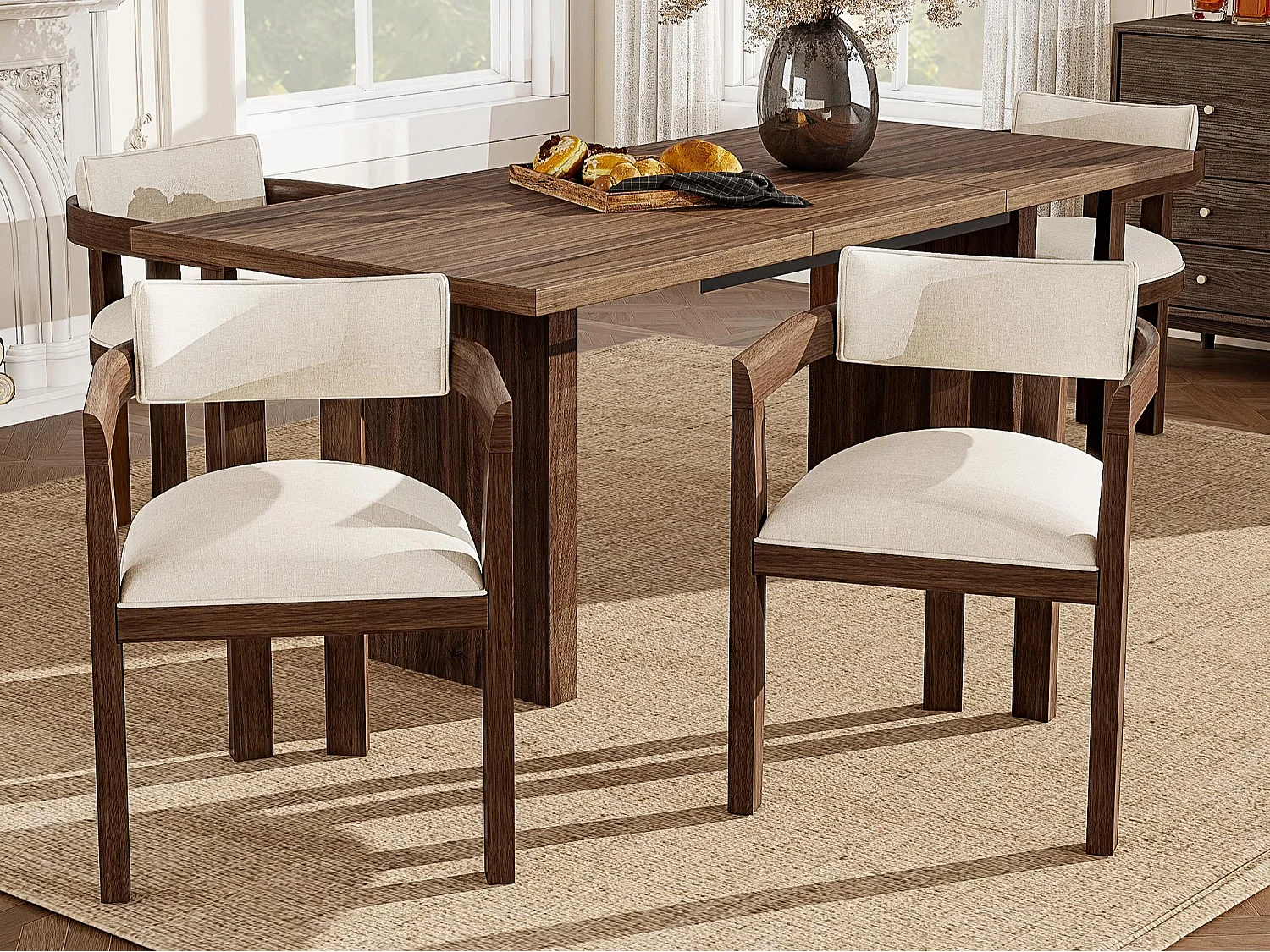 Kit di 4 sedie in legno massello con braccioli - struttura in legno massello - rivestimento in lino - marrone