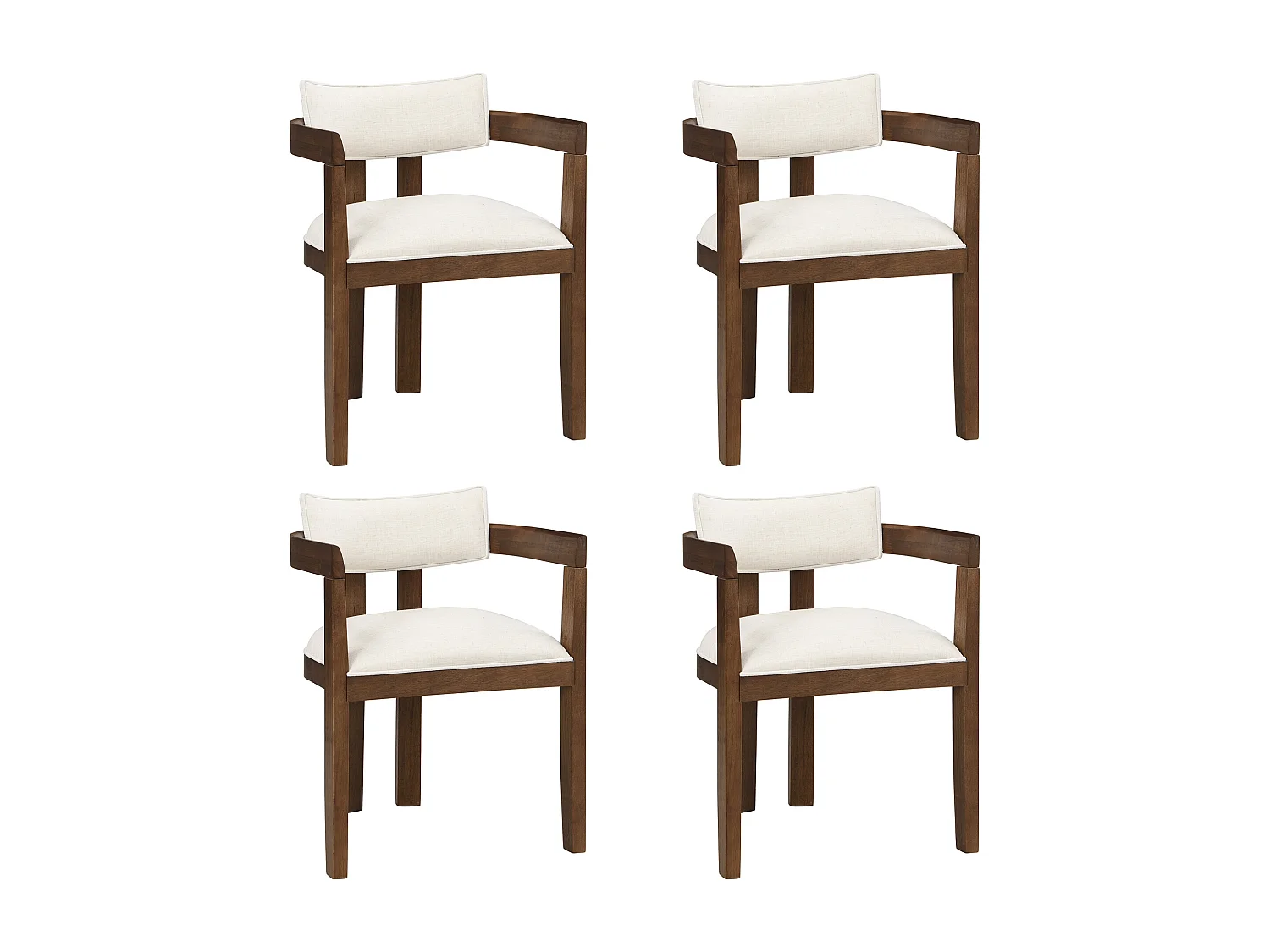 Kit di 4 sedie in legno massello con braccioli - struttura in legno massello - rivestimento in lino - marrone