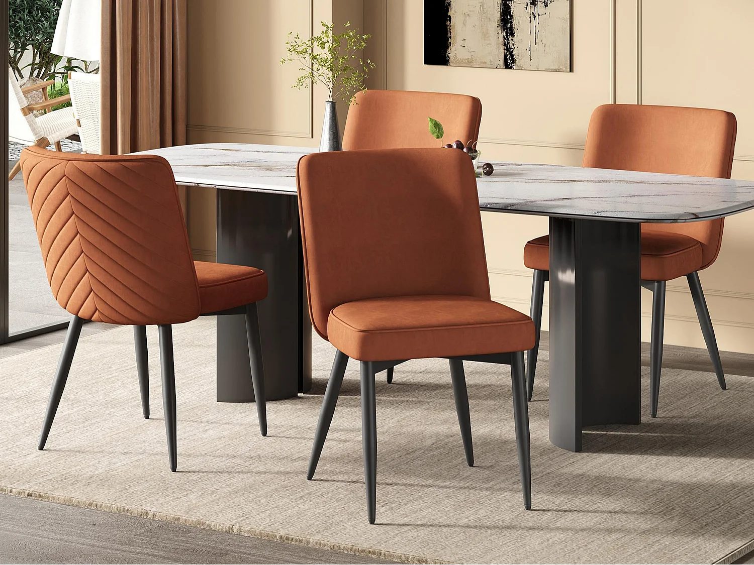 Kit di 4 sedie - Con schienali comodi - Stile moderno - Tessuto velluto - Arancione scuro