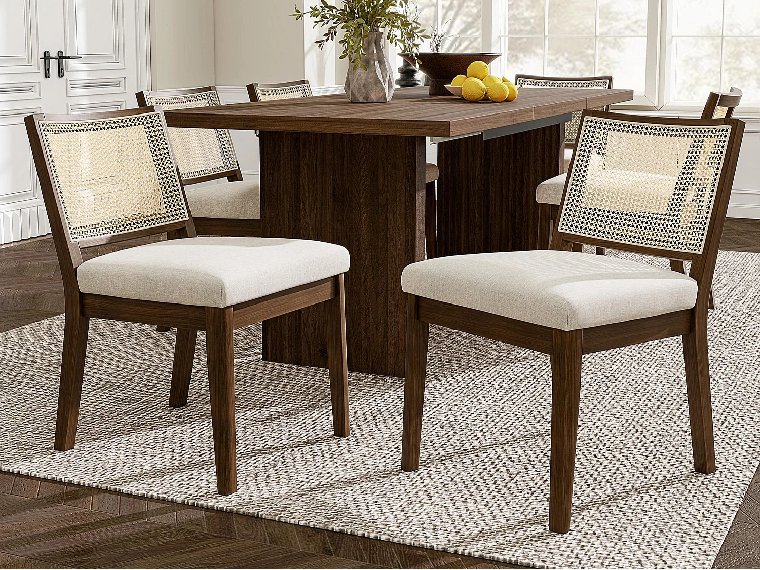 Satz mit 6 Massivholz-Stühlen - Rückenlehne aus Rattan - Sitzkissen aus Leinen - Nussbaumfarbe