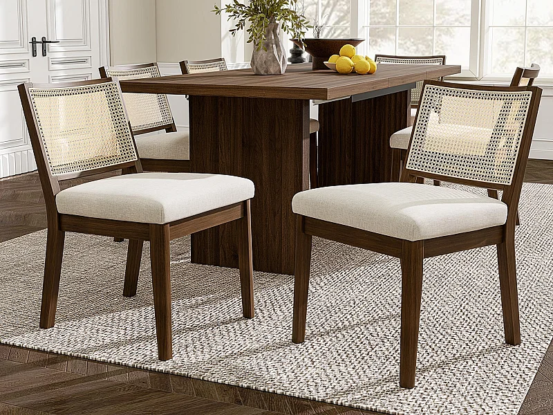 Satz mit 6 Massivholz-Stühlen - Rückenlehne aus Rattan - Sitzkissen aus Leinen - Nussbaumfarbe