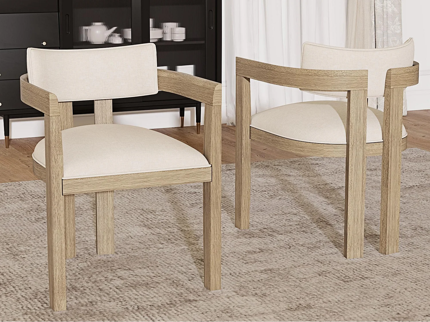 Kit di 2 sedie in legno massello con braccioli - struttura in legno massello - rivestimento in lino - naturale