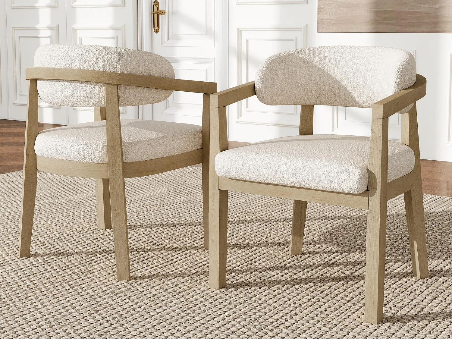 Kit di 2 sedie in legno massello - Schienale curvo - Con braccioli - Rivestimento in velluto bouclé - Naturale