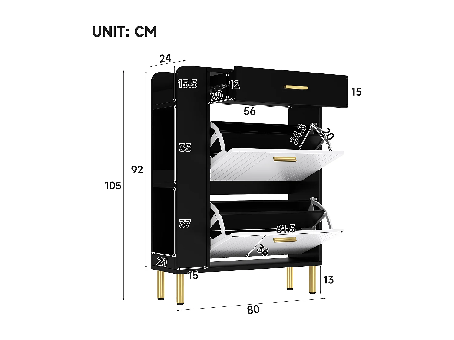 Meuble à chaussures pour entrée - 80 x 24 x 105 cm - avec 3 compartiments + 2 porte + 1 tiroir - MDF + aggloméré - blanc + noir