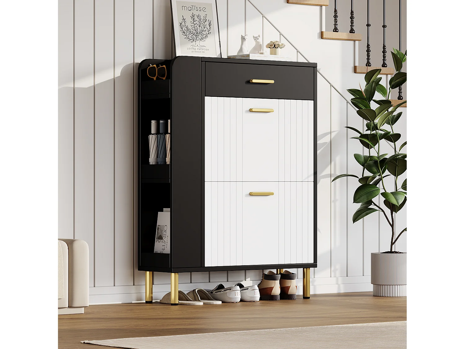 Meuble à chaussures pour entrée - 80 x 24 x 105 cm - avec 3 compartiments + 2 porte + 1 tiroir - MDF + aggloméré - blanc + noir