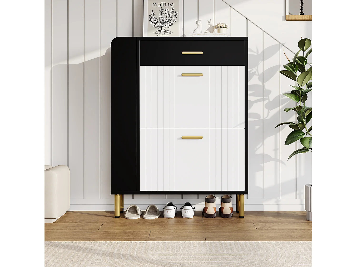 Meuble à chaussures pour entrée - 80 x 24 x 105 cm - avec 3 compartiments + 2 porte + 1 tiroir - MDF + aggloméré - blanc + noir