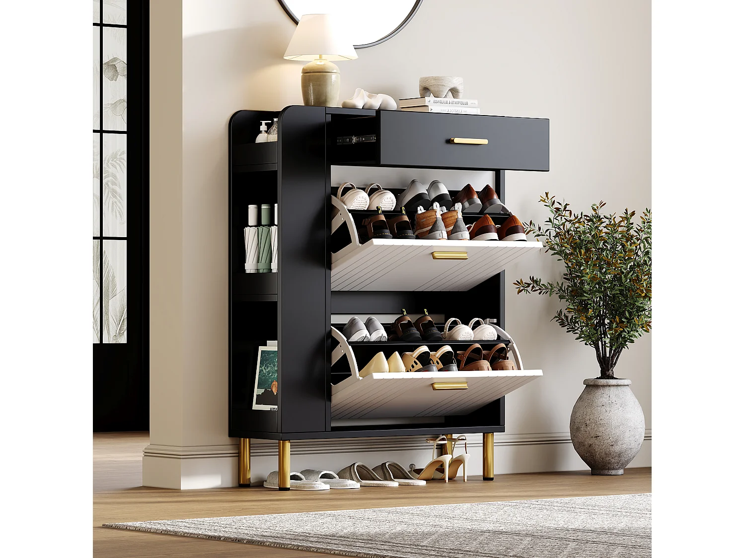 Meuble à chaussures pour entrée - 80 x 24 x 105 cm - avec 3 compartiments + 2 porte + 1 tiroir - MDF + aggloméré - blanc + noir