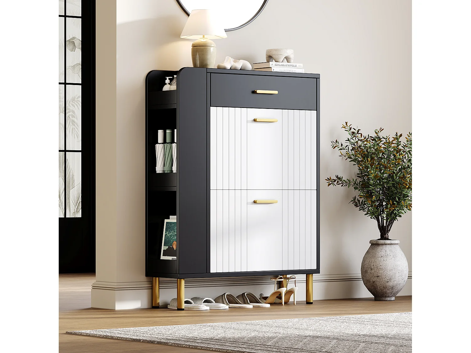 Meuble à chaussures pour entrée - 80 x 24 x 105 cm - avec 3 compartiments + 2 porte + 1 tiroir - MDF + aggloméré - blanc + noir