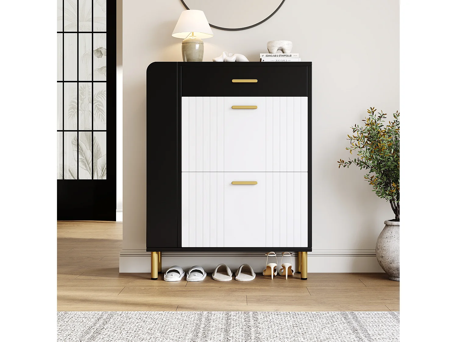 Meuble à chaussures pour entrée - 80 x 24 x 105 cm - avec 3 compartiments + 2 porte + 1 tiroir - MDF + aggloméré - blanc + noir