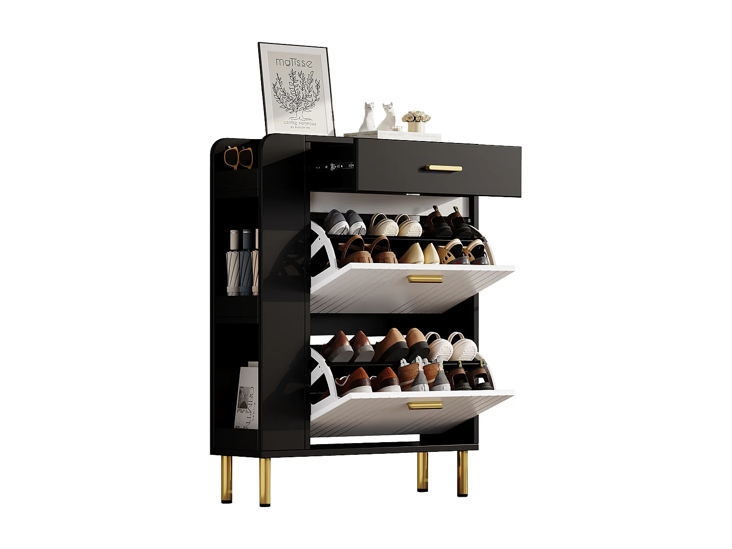 Meuble à chaussures pour entrée - 80 x 24 x 105 cm - avec 3 compartiments + 2 porte + 1 tiroir - MDF + aggloméré - blanc + noir