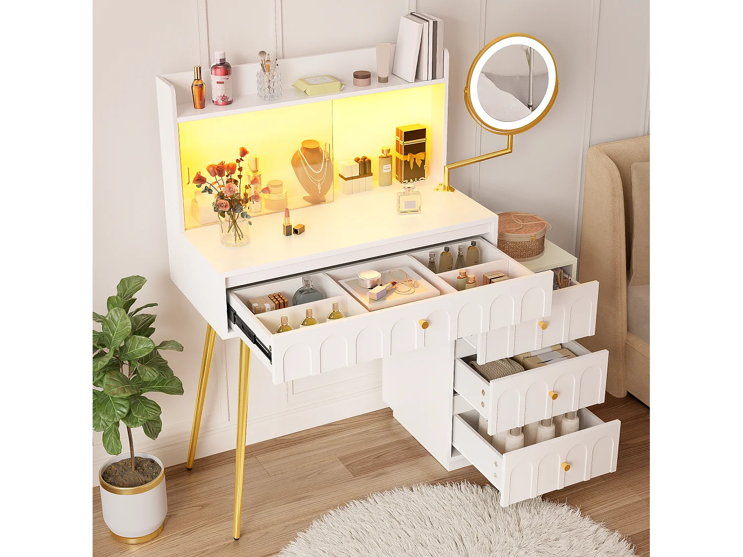 Moderner Schminktisch – 112 x 40 x 116 cm – mit schwenkbarem LED-Spiegel, Glastüren und 4 Schubladen – MDF und Spanplatte – weiß