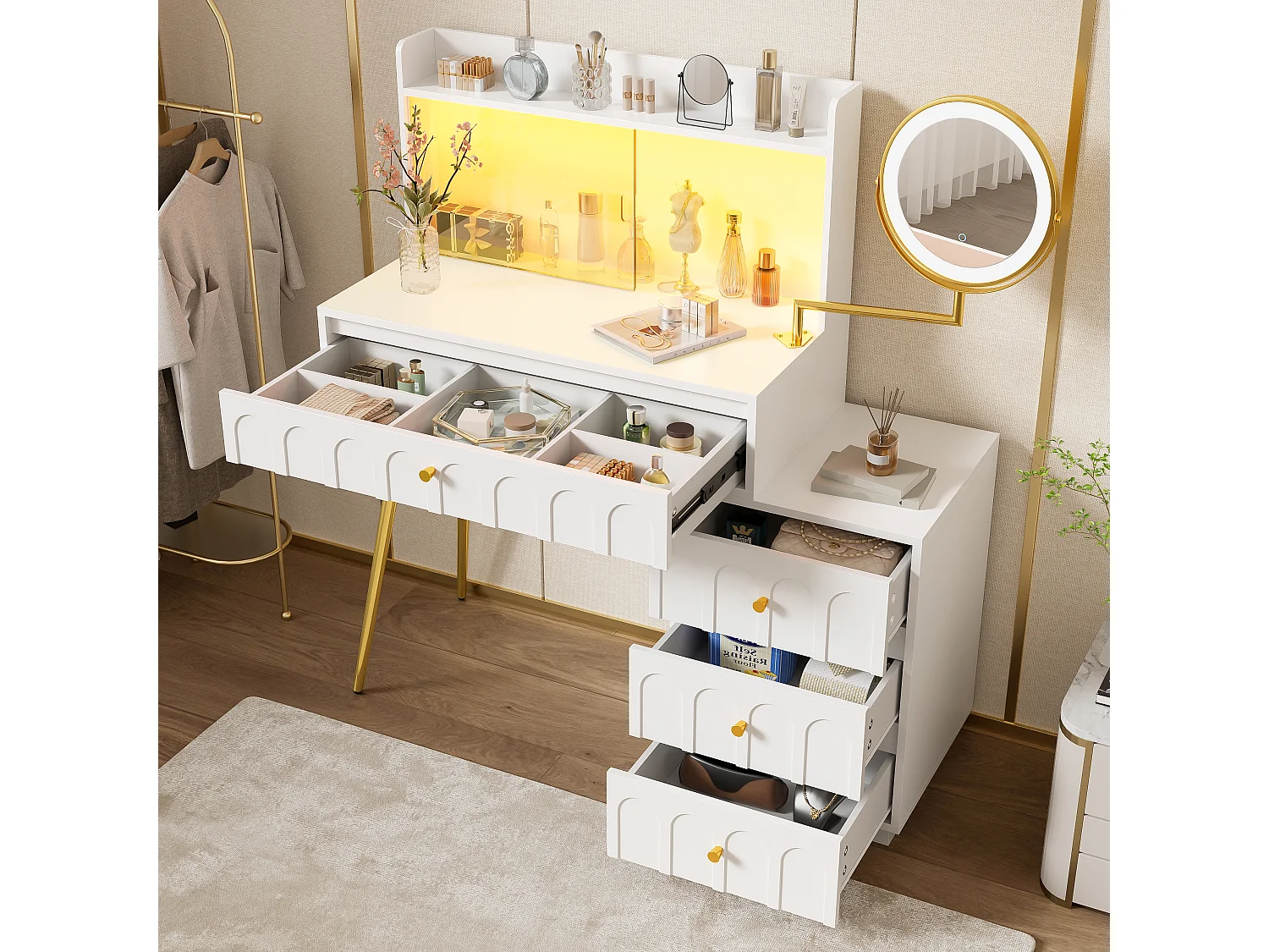 Moderner Schminktisch – 112 x 40 x 116 cm – mit schwenkbarem LED-Spiegel, Glastüren und 4 Schubladen – MDF und Spanplatte – weiß