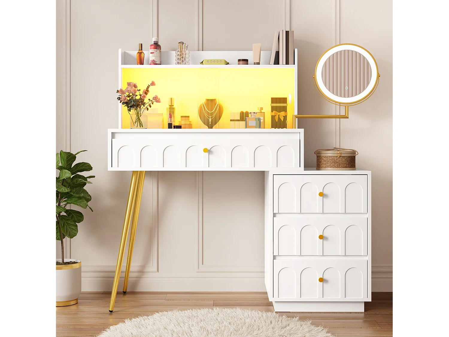 Moderner Schminktisch – 112 x 40 x 116 cm – mit schwenkbarem LED-Spiegel, Glastüren und 4 Schubladen – MDF und Spanplatte – weiß