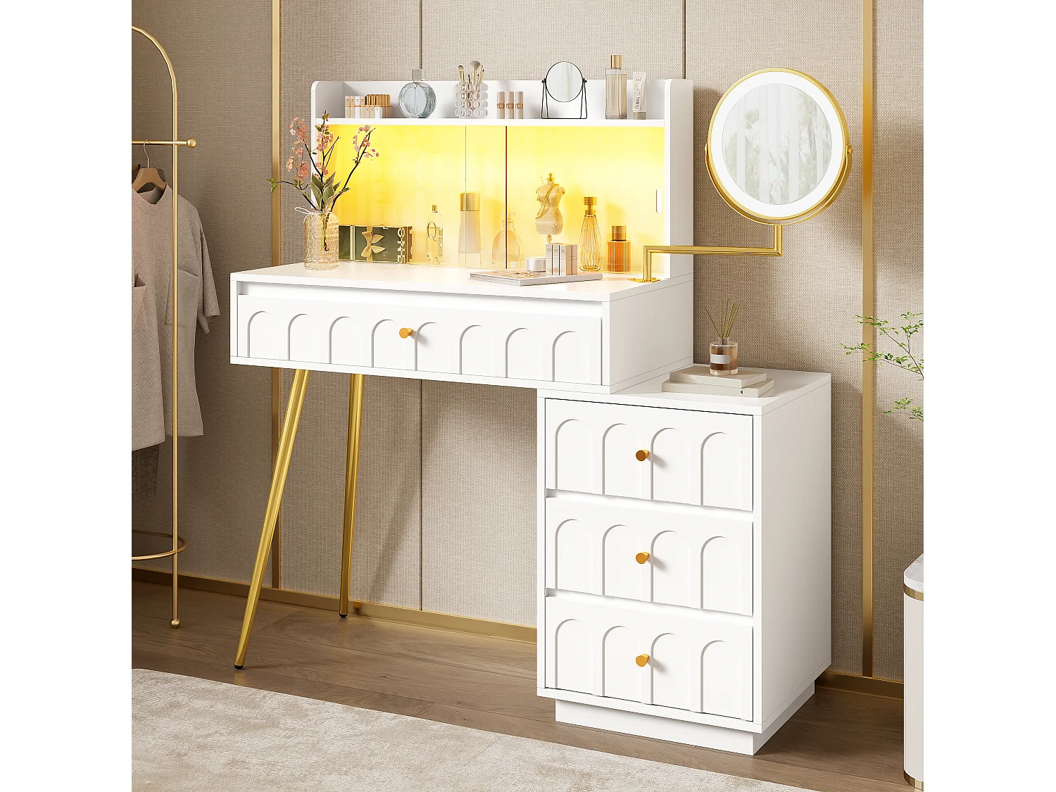 Moderner Schminktisch – 112 x 40 x 116 cm – mit schwenkbarem LED-Spiegel, Glastüren und 4 Schubladen – MDF und Spanplatte – weiß