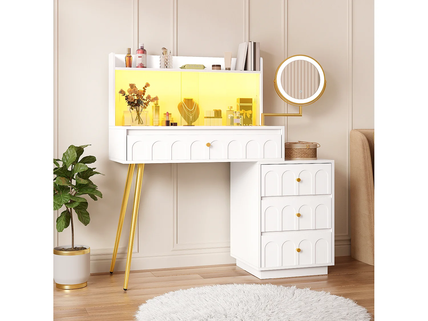 Moderner Schminktisch – 112 x 40 x 116 cm – mit schwenkbarem LED-Spiegel, Glastüren und 4 Schubladen – MDF und Spanplatte – weiß