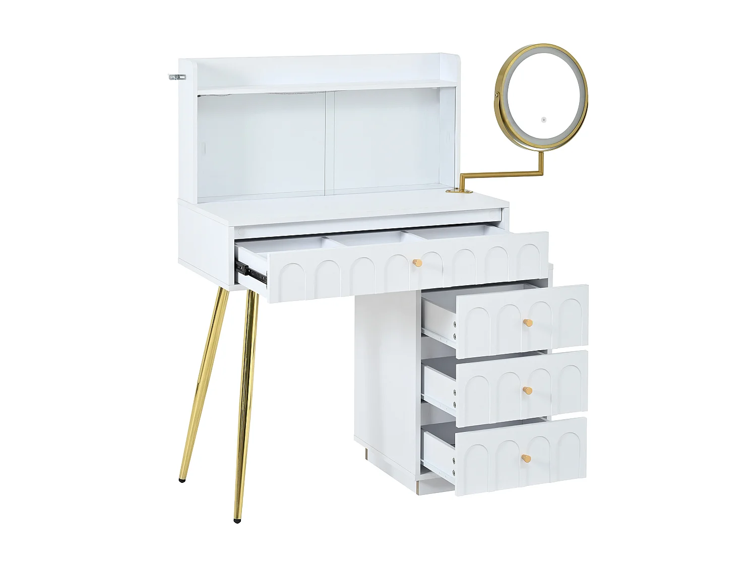 Moderner Schminktisch – 112 x 40 x 116 cm – mit schwenkbarem LED-Spiegel, Glastüren und 4 Schubladen – MDF und Spanplatte – weiß