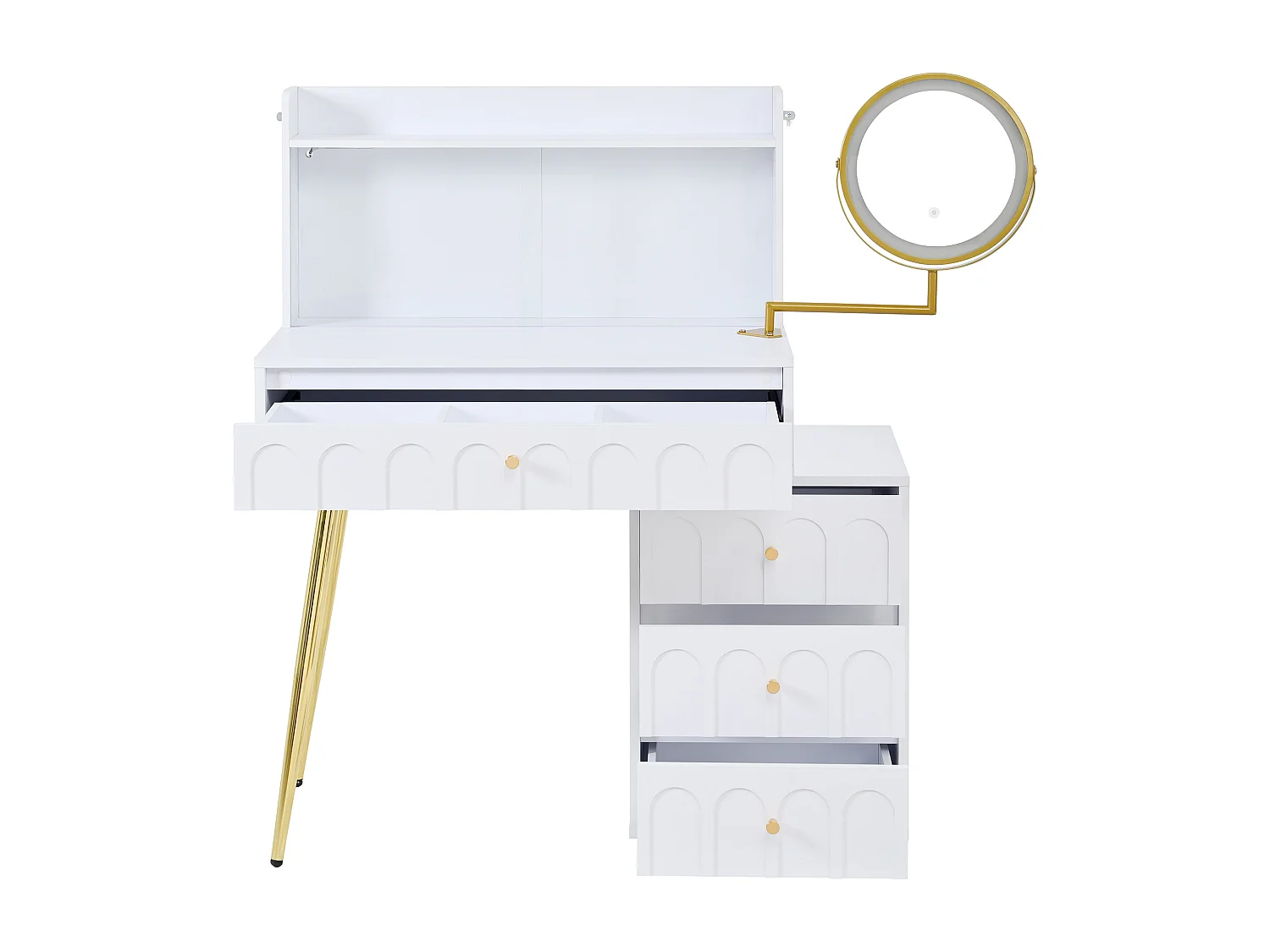 Moderner Schminktisch – 112 x 40 x 116 cm – mit schwenkbarem LED-Spiegel, Glastüren und 4 Schubladen – MDF und Spanplatte – weiß