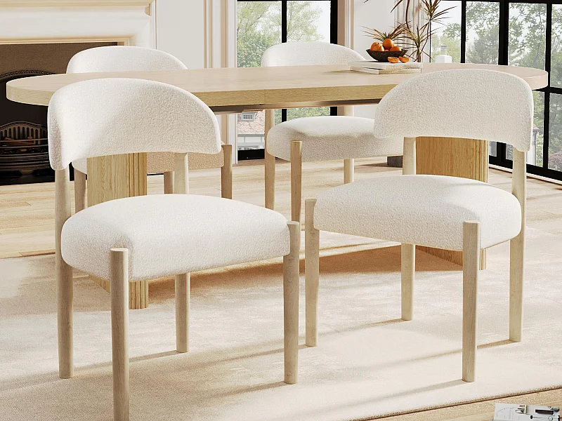 Satz mit 4 Massivholz-Stühlen - Moderner Stil - Gestell aus Massivholz - Bouclé-Stoff - Naturfarbe