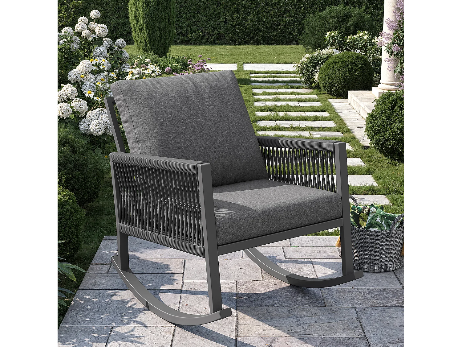 Fotel bujany ogrodowy - 65 x 79 x 78 cm - metalowa rama - z poduszkami - metal - szary